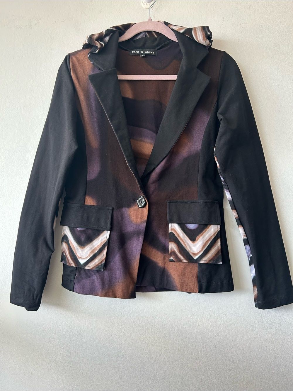 Rock N Karma Boutique Black Patterned Hooded Blazer Jacket